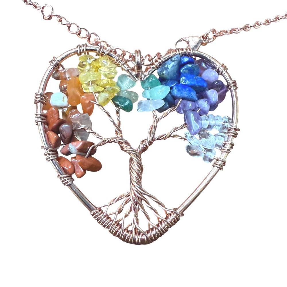 Tree of Life Heart‎ Necklace Rose Gold Wire Wrapped Chakra Rainbow Stone Pendant